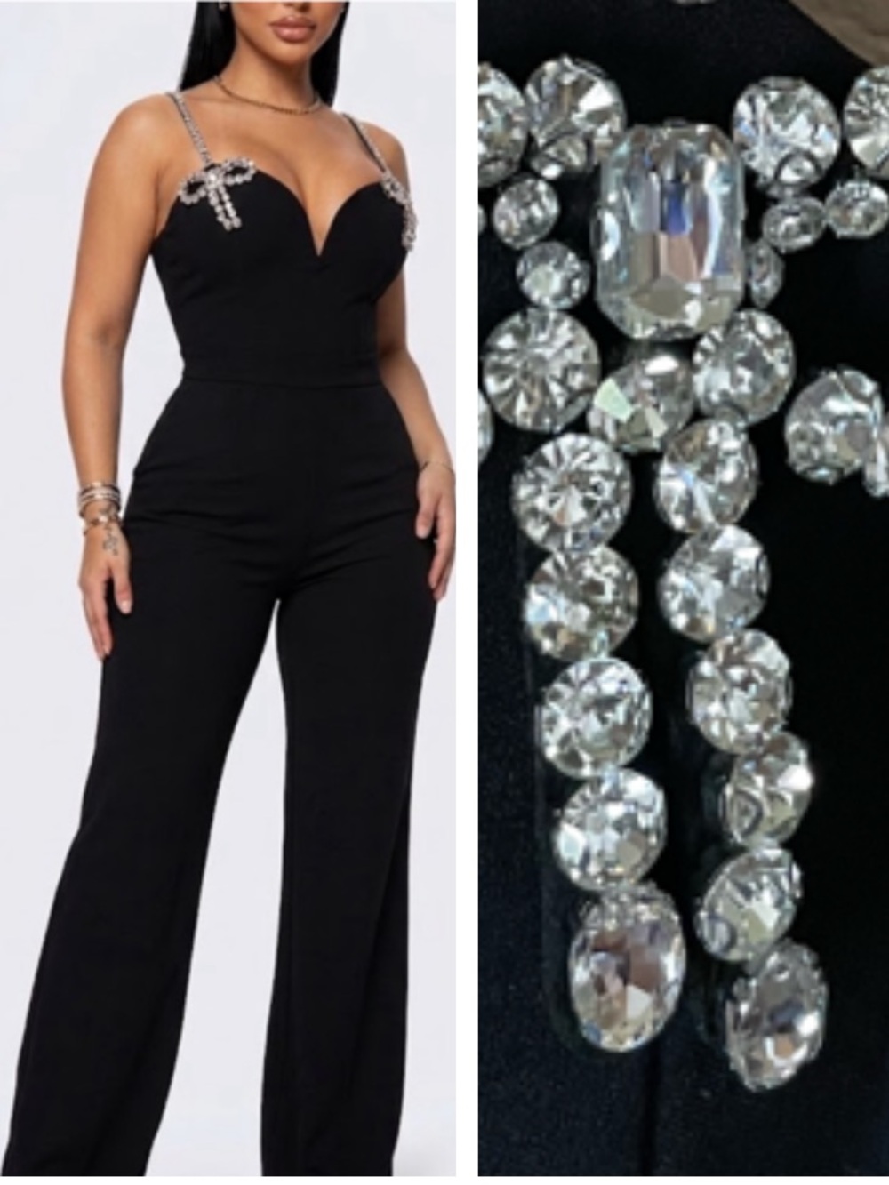 NWOT Rhinestones Crystals embellished Expensive Nights Jumpsuit tall long 34” M